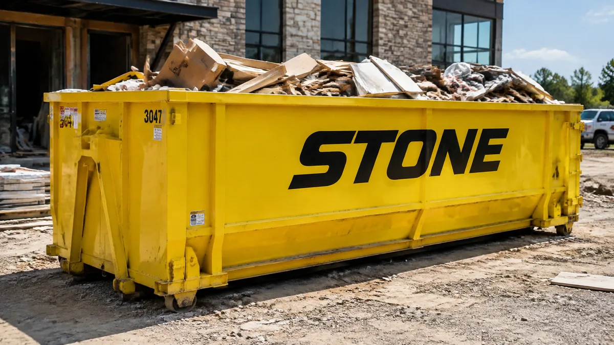 Yellow STONE commercial roll-off dumpster filled with construction debris