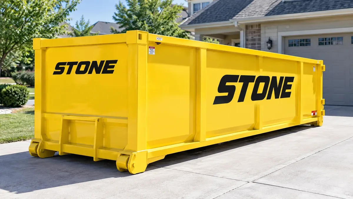 Yellow STONE roll-off dumpster at a residential property