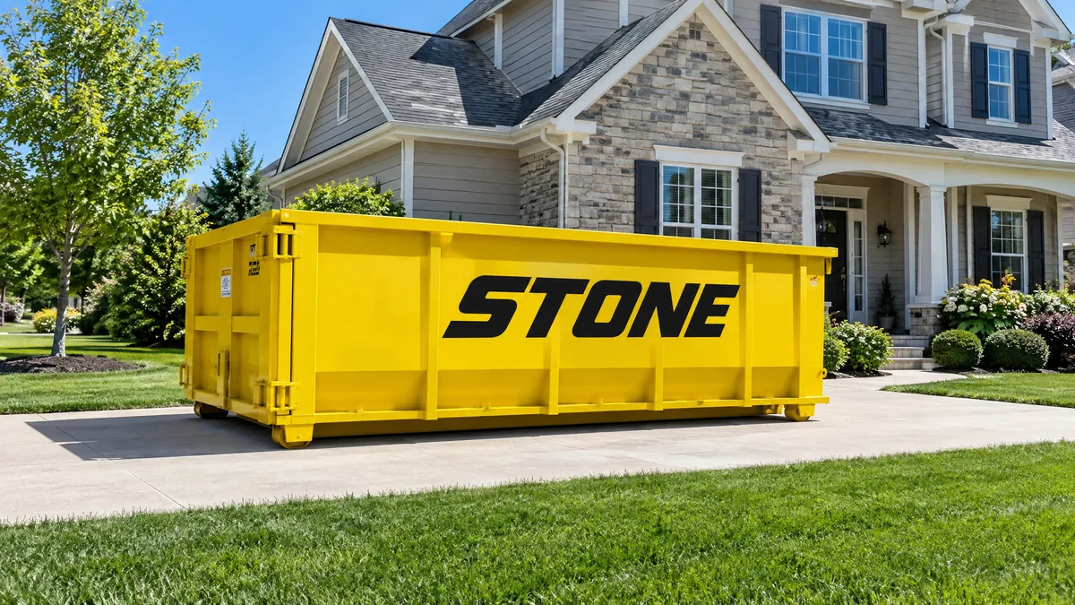 Yellow STONE dumpster in a residential driveway with a lush green lawn